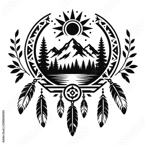 Tribal dreamcatcher with mountain landscape and forest silhouette vector graphic design