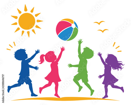 Happy children playing with beach ball under sun vector illustration isolated on white background