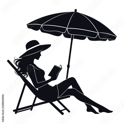 Woman reading book in beach chair under umbrella vector silhouette