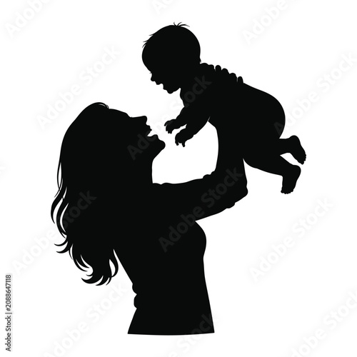 Mother lifting her baby happily in air vector silhouette isolated on white background