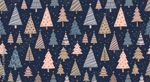 Seamless Pattern of Festive Christmas Trees on a Dark Blue Background