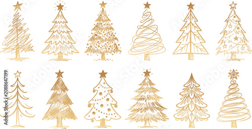 Set of Hand-Drawn Golden Christmas Tree Illustrations for Festive Holiday Designs
