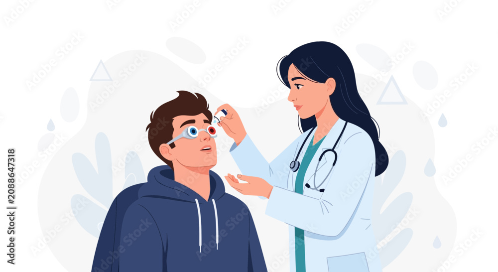 Fototapeta premium Optometrist performs eye examination on a young man with a trial lens frame, diagnostic checkup, healthcare concept