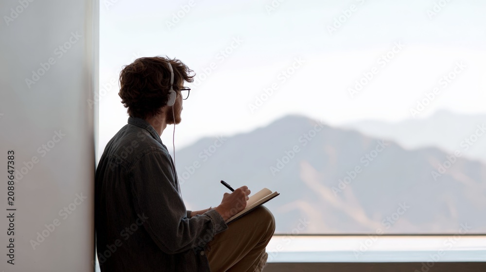 Naklejka premium Inspired young male freelancer wearing headphones and writing notes on notebook while working remotely in front of scenic mountain landscape