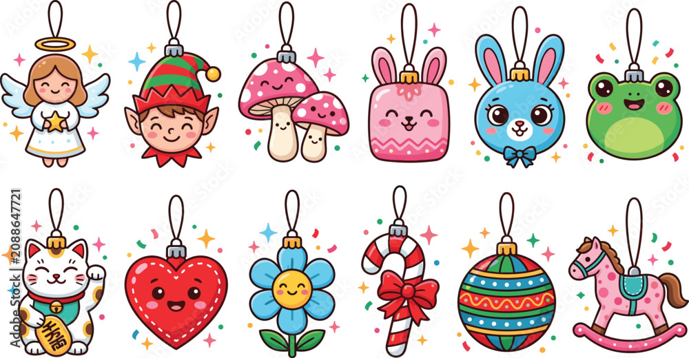 Obraz premium Cute Christmas Ornament Set Vector Illustration with Angel Elf Mushroom Bunny Cat Heart Flower Candy Cane Rocking Horse Kawaii Collection