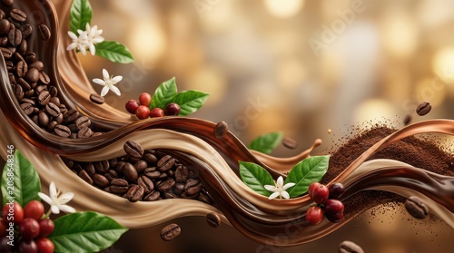 Swirling waves of coffee and cream with beans and coffee flowers chocolate