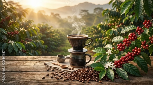 Hot Coffee in Pour Over Dripper on Wooden Table with Coffee Plantation Background steaming drink