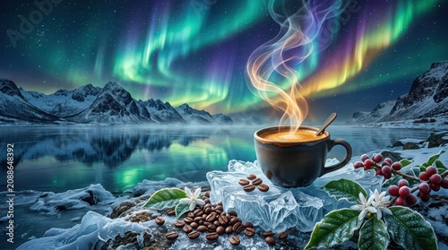 Coffee Cup on Ice Under Aurora Borealis with Snowy Mountains and Frozen Lake steaming drink