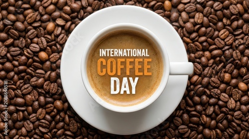 Overhead view of a white cup of coffee on a saucer surrounded by roasted coffee beans beverage drink