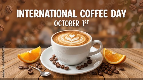 International Coffee Day with Orange Slices and Latte Art Coffee Cup saucer