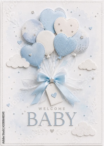 Welcome Baby Greeting Card With Blue Heart Balloons Handmade Paper Craft