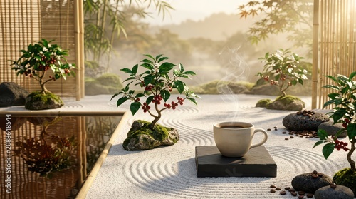 Steaming coffee cup in a serene Japanese zen garden with bonsai trees and raked sand hot beverage