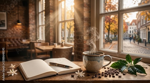 Cozy coffee shop interior with steaming coffee, open book, and autumn street view hot beverage