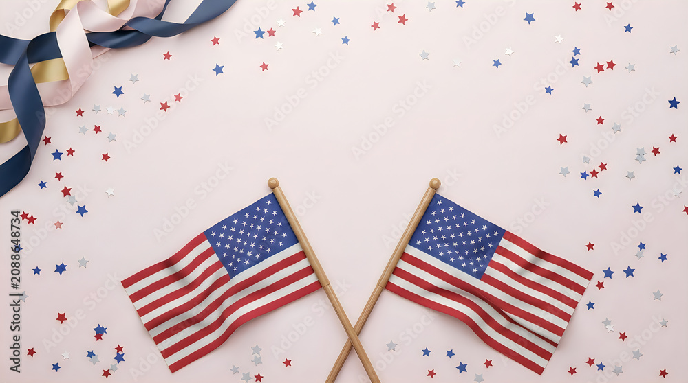 Obraz premium Labor day celebration american flags confetti and ribbons patriotic holiday concept