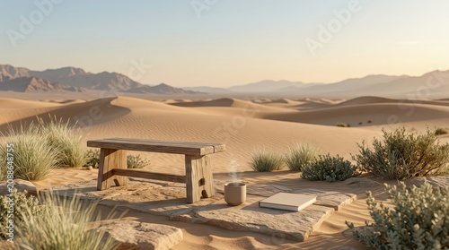 Wooden Bench in Desert Landscape with Coffee and Book at Sunset sand dunes