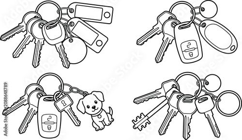 Hand Drawn House Keys and Car Key Fob Set with Blank Tag Dog Charm Coloring Illustration Bundle