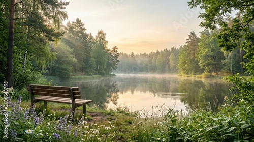Serene Lake and Forest Scene with a Bench at Sunrise nature wooden bench