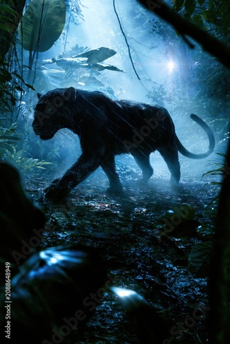 Melanistic Panther Walking Through Misty Jungle at Night