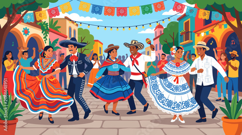 Joyful Hispanic people dancing in traditional costumes on a colorful town street