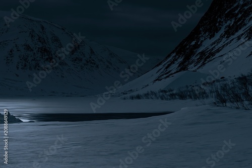 Dark Winter Mountain Landscape With Frozen Lake