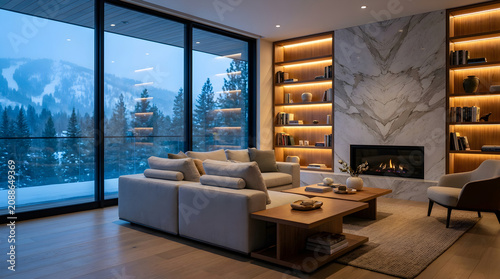 Cozy mountain living room with fireplace and snowy view