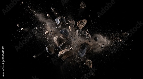 Fotografie Abstract 3D Render of Exploding Dark Stones and Flying Debris