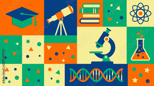 Vibrant collage of educational icons and scientific tools on display in classroom setting