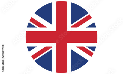 Circular united kingdom flag icon featuring bold red white and blue colors presented in a clean minimalist vector graphic style