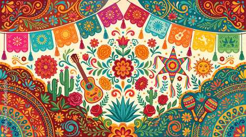 Vibrant Mexican Tradition Background with Guitar Piñata and Festive Papel Picado Banners