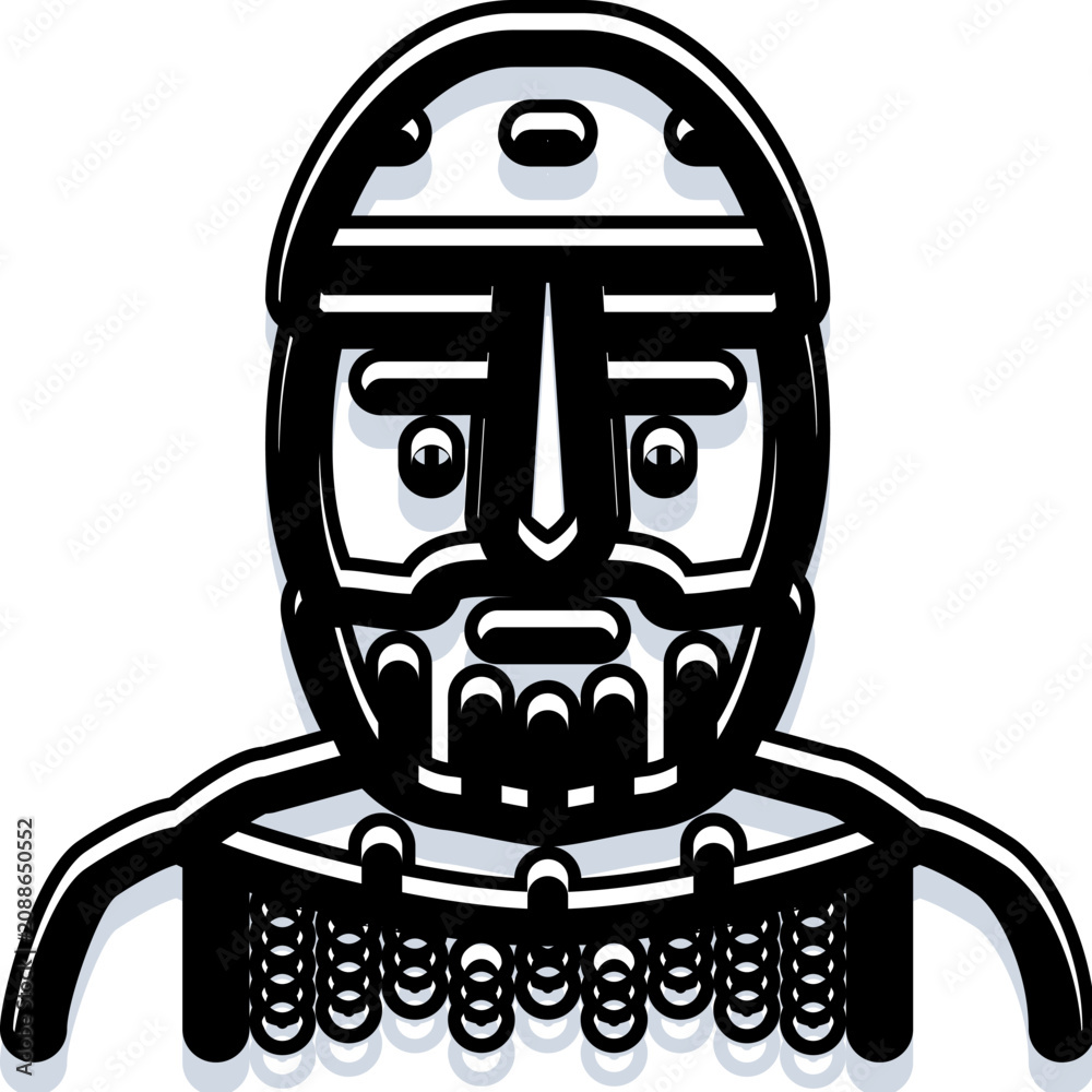 Fototapeta premium Medieval warrior headshot in monochrome, helmet and chainmail silhouette icon conveying strength, defense, protection, and historical battle readiness on white background