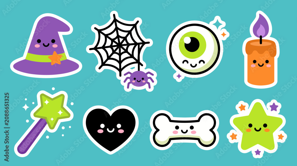 Fototapeta premium Festive halloween vector sticker set featuring adorable cute characters like a smiling witch hat spider eyeball candle and magic wand