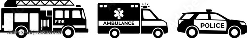 Foto Emergency vehicles icons including fire truck ambulance and police car in black