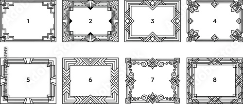 Set of eight decorative frames with various geometric and floral patterns for design and illustration