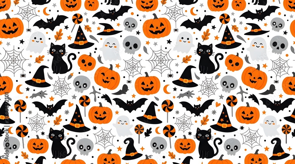 Fototapeta premium Halloween pattern with pumpkins cats and spooky icons