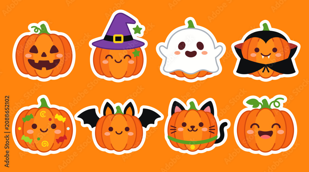 Fototapeta premium Cute halloween pumpkin sticker set featuring various adorable characters like ghosts bats and cats in a flat vector graphic design