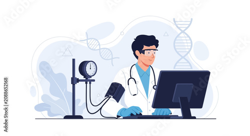 Doctor analyzing patient data on computer with blood pressure monitor and DNA helix illustration
