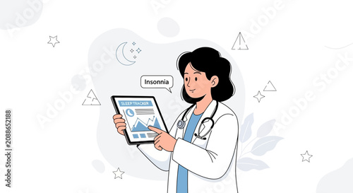 Doctor analyzing sleep tracker data for insomnia diagnosis and treatment, vector illustration