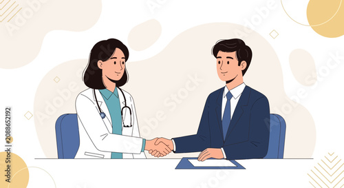 Doctor and Businessman Shaking Hands in Agreement, Modern Flat Illustration with Abstract Background