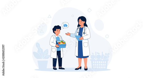 Doctor and child discussing healthy eating, featuring fresh fruits and vegetables in a basket and box.