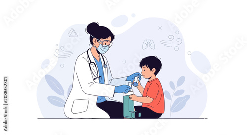 Doctor administering nasal spray to child, representing healthcare, pediatrics, and respiratory treatment in a modern flat illustration style.