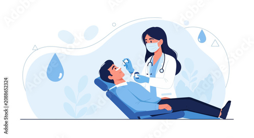 Doctor Administering Nasal Spray Treatment to Patient in Medical Clinic