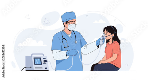 Doctor administering oxygen therapy to a child with a mask and respiratory machine, vector illustration