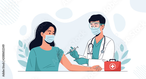 Doctor Administering Vaccine Injection to Patient Wearing Face Mask - Medical Illustration