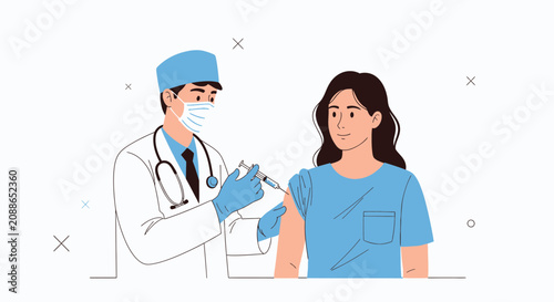 Doctor administering vaccine injection to patient in flat illustration style, medical healthcare concept