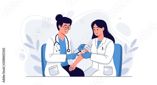 Doctor administering vaccine or injection to patient, modern flat illustration style, healthcare concept