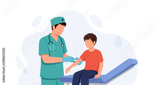 Doctor administering vaccine to a child in a medical clinic, illustration of healthcare and immunization