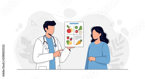 Doctor Advises Patient on Healthy Eating with Food Chart - Flat Vector Illustration