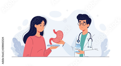 Doctor Advises Patient on Probiotics for Stomach Health - Vector Illustration