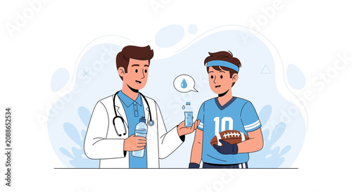 Doctor Advises Young Athlete on Hydration with Water Bottle and Football