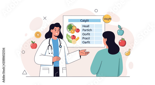 Doctor advising patient on healthy diet and weight management with visual aids of fruits and vegetables.